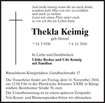Traueranzeige von Thekla Keimig von Trauerportal Echo Online