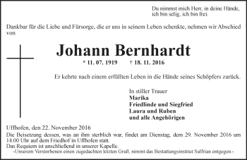 Traueranzeige von Johann Bernhardt von Trauerportal Rhein Main Presse