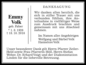 Traueranzeige von Emmy Volk von  Gießener Anzeiger