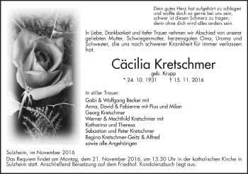 Traueranzeige von Cäcilia Kretschmer von Trauerportal Rhein Main Presse