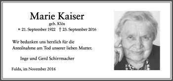 Traueranzeige von Marie Kaiser von  Kreisanzeiger
