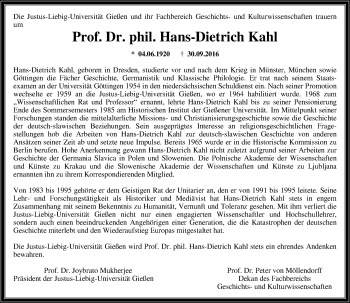 Traueranzeige von Hans-Dietrich Kahl von  Gießener Anzeiger