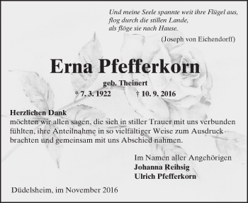 Traueranzeige von Erna Pfefferkorn von  Kreisanzeiger