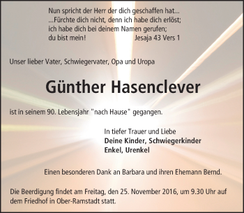 Traueranzeige von Günther Hasenclever von Trauerportal Echo Online