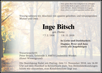 Traueranzeige von Inge Bitsch von Trauerportal Echo Online