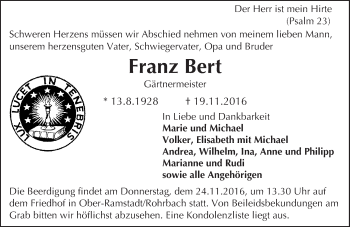 Traueranzeige von Franz Bert von Trauerportal Echo Online