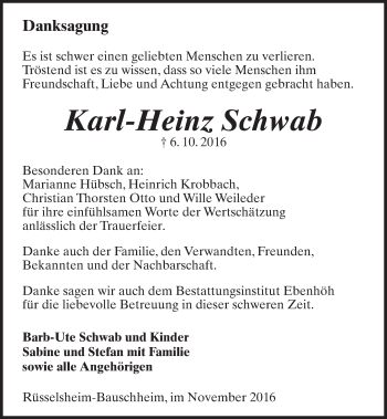 Traueranzeige von Karl-Heinz Schwab von Trauerportal Rhein Main Presse