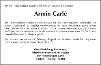 Traueranzeige von Armin Carle von  Gießener Anzeiger