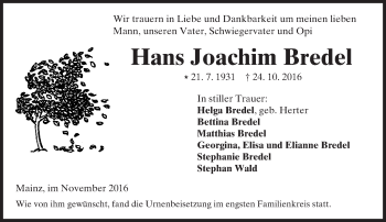 Traueranzeige von Hans Joachim Bredel von Trauerportal Rhein Main Presse