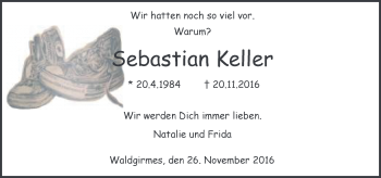 Traueranzeige von Sebastian Keller von  Gießener Anzeiger