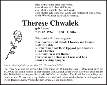 Traueranzeige von Therese Chwalek von Trauerportal Rhein Main Presse