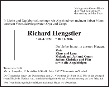 Traueranzeige von Richard Hengstler von Trauerportal Rhein Main Presse