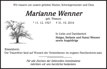 Traueranzeige von Marianne Wenner von Trauerportal Rhein Main Presse