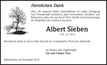 Traueranzeige von Albert Sieben von Trauerportal Rhein Main Presse