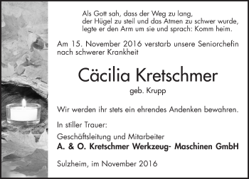 Traueranzeige von Cäcilia Kretschmer von Trauerportal Rhein Main Presse