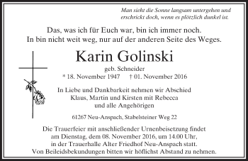 Traueranzeige von Karin Golinski von  Usinger Anzeiger Traueranzeige von Karin Golinski von  Usinger Anzeiger