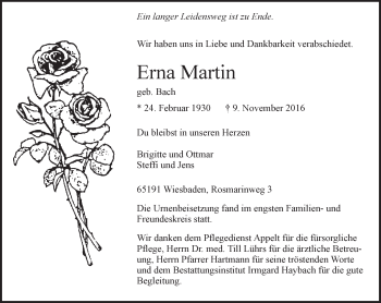 Traueranzeige von Erna Martin von Trauerportal Rhein Main Presse