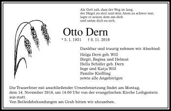 Traueranzeige von Otto Dern von  Gießener Anzeiger