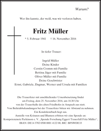 Traueranzeige von Fritz Müller von  Usinger Anzeiger