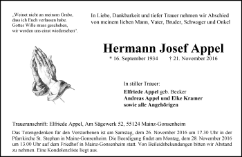 Traueranzeige von Hermann Josef Appel von Trauerportal Rhein Main Presse
