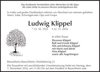 Traueranzeige von Ludwig Klippel von Trauerportal Rhein Main Presse