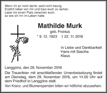 Traueranzeige von Mathilde Murk von  Gießener Anzeiger