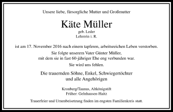 Traueranzeige von Käte Müller von  Gelnhäuser Tageblatt