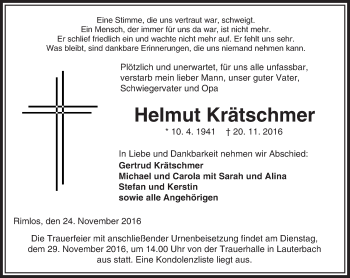 Traueranzeige von Helmut Krätschmer von VRM Trauer
