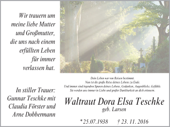 Traueranzeige von Waltraut Dora Elsa Teschke von  Kreisanzeiger