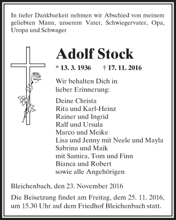 Traueranzeige von Adolf Stock von  Kreisanzeiger