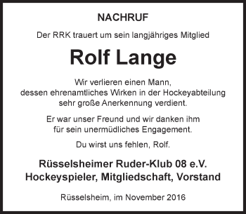 Traueranzeige von Rolf Lange von Trauerportal Rhein Main Presse