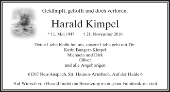 Traueranzeige von Harald Kimpel von  Usinger Anzeiger Traueranzeige von Harald Kimpel von  Usinger Anzeiger