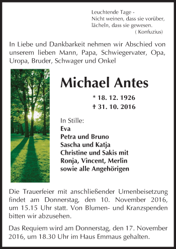 Traueranzeige von Michael Antes von Trauerportal Echo Online Traueranzeige von Michael Antes von Trauerportal Echo Online