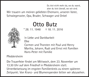Traueranzeige von Otto Butz von Trauerportal Rhein Main Presse