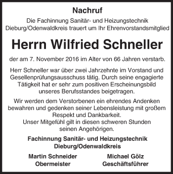 Traueranzeige von Wilfried Schneller von Trauerportal Echo Online