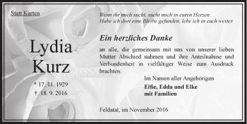 Traueranzeige von Lydia Kurz von VRM Trauer