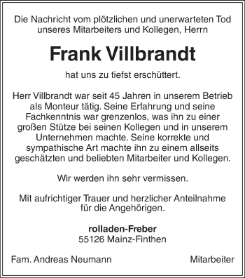 Traueranzeige von Frank Villbrandt von Trauerportal Rhein Main Presse