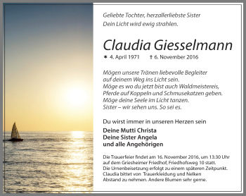 Traueranzeige von Claudia Giesselmann von Trauerportal Echo Online