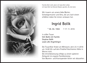 Traueranzeige von Ingrid Bolik von Trauerportal Rhein Main Presse