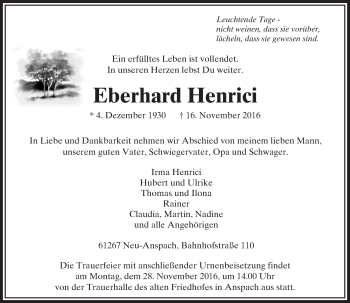 Traueranzeige von Eberhard Henrici von  Usinger Anzeiger Traueranzeige von Eberhard Henrici von  Usinger Anzeiger