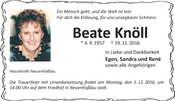 Traueranzeige von Beate Knöll von  Gelnhäuser Tageblatt