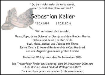 Traueranzeige von Sebastian Keller von  Gießener Anzeiger