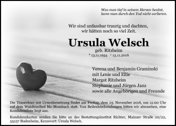 Traueranzeige von Ursula Welsch von Trauerportal Rhein Main Presse