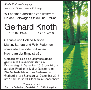 Traueranzeige von Gerhard Knoth von Trauerportal Rhein Main Presse