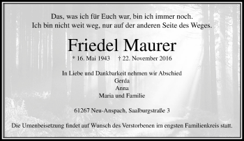 Traueranzeige von Friedel Maurer von  Usinger Anzeiger Traueranzeige von Friedel Maurer von  Usinger Anzeiger