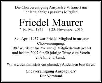 Traueranzeige von Friedel Maurer von  Usinger Anzeiger Traueranzeige von Friedel Maurer von  Usinger Anzeiger