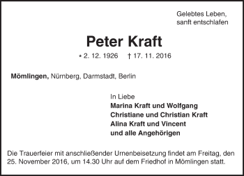 Traueranzeige von Peter Kraft von Trauerportal Echo Online