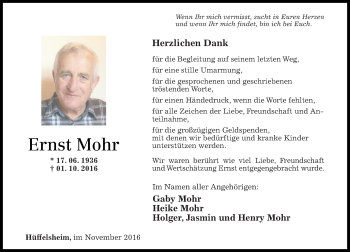 Traueranzeige von Ernst Mohr von Trauerportal Rhein Main Presse