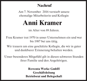 Traueranzeige von Anni Kramer von Trauerportal Echo Online
