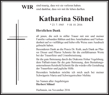 Traueranzeige von Katharina Söhnel von VRM Trauer
